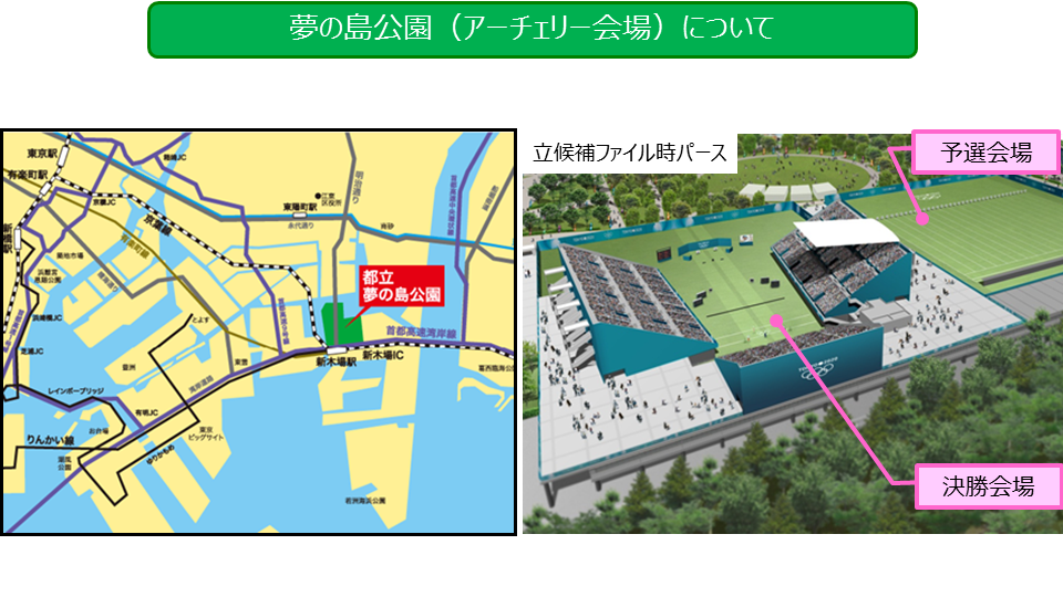 夢の島公園（アーチェリー会場）のアクセスマップと会場図