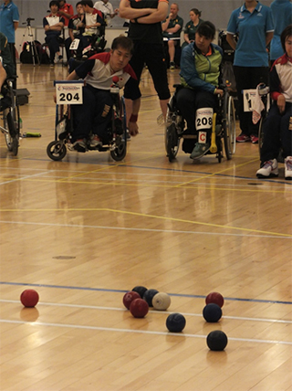 playing view（Players compete by throwing or rolling their red or blue balls, attempting to place them closest to the white jack ball.）